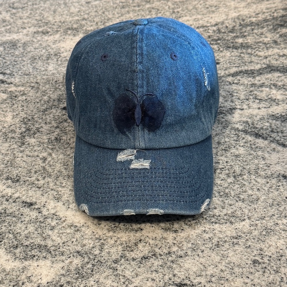 New Custom Designed Blue Distressed Baseball Cap with Navy Sheer Butterfly